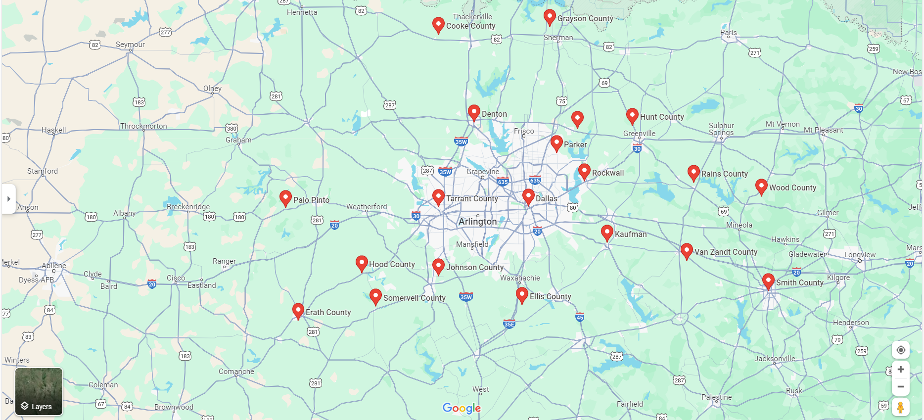 Map of the residential appraisal service area served by The Arvesen Group around Dallas–Fort Worth